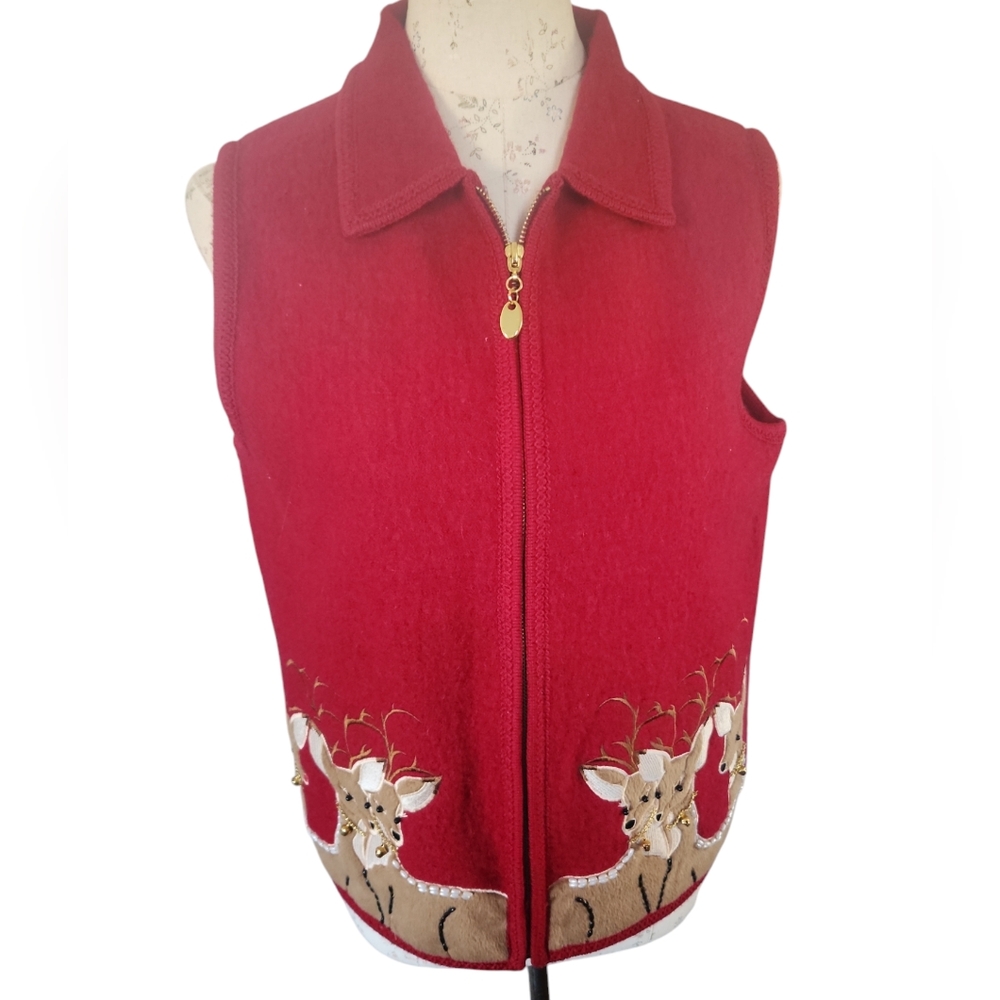 Lisa International Red Wool Christmas Reindeer Vest medium